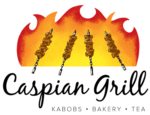 Stylized flames and kebab logo for Caspian Grill